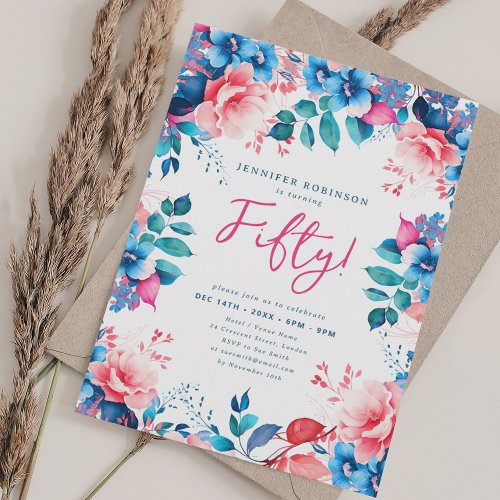 Elegant Bright Watercolor Floral 50th Birthday  Invitation