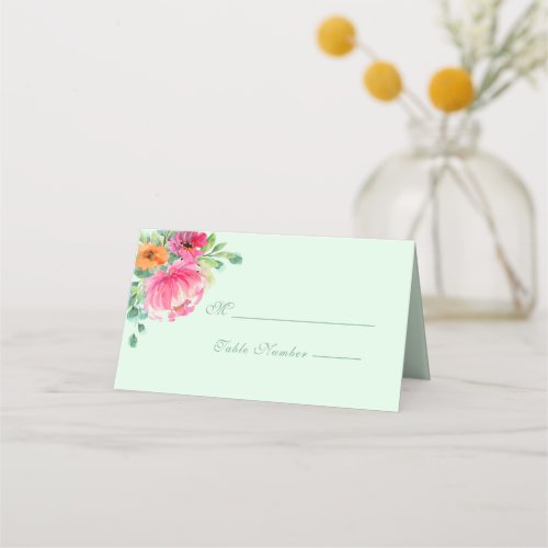 Elegant Bright Watercolor Floral Monogram Wedding Place Card