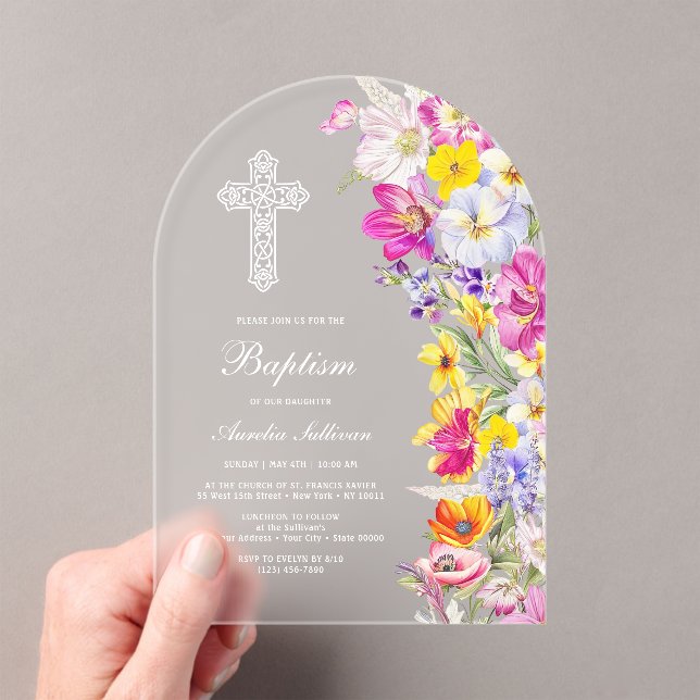 Elegant Bright Wildflowers Arch Baptism Acrylic Invitations (Insitu (Handheld))