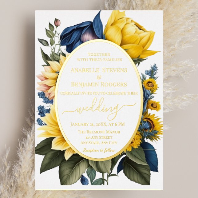 Elegant Bright Yellow and Blue Floral Wedding Foil Invitation (Creator Uploaded)