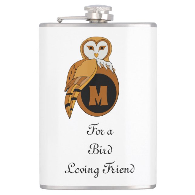Elegant British Barn Owl Monogram Flask (Front)