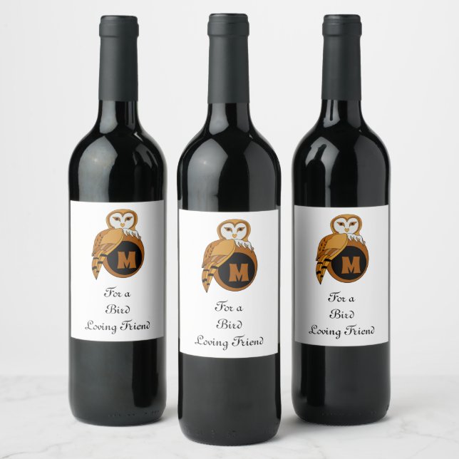 Elegant British Barn Owl Monogram Wine Label (Bottles)