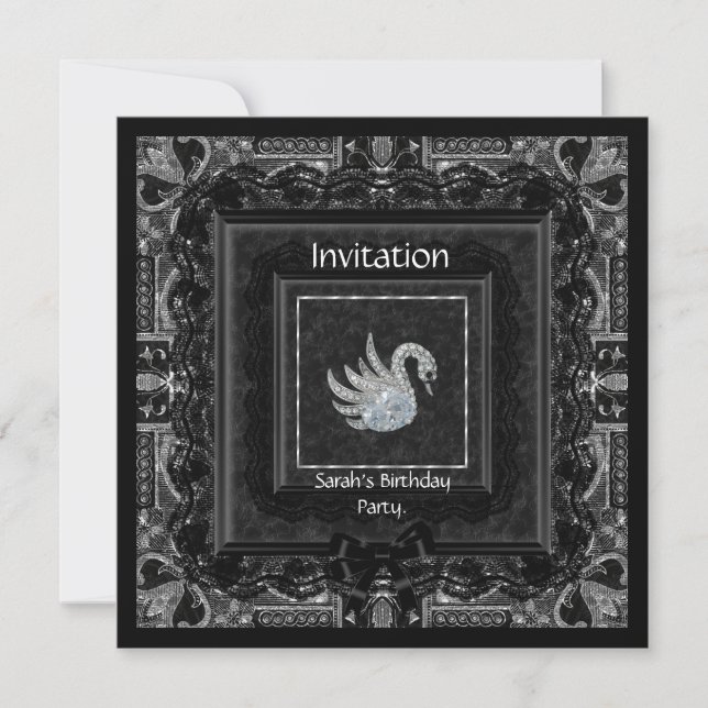 Elegant Brocade Black Lace Bow Swan 2 Invitation (Front)