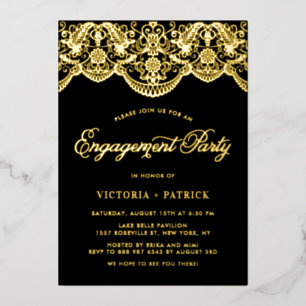 Elegant Brocade Lace Black Photo Engagement Party Foil Invitation
