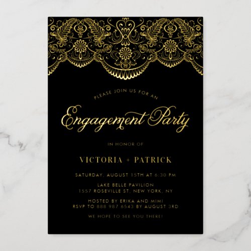 Elegant Brocade Lace Black Photo Engagement Party Foil Invitation