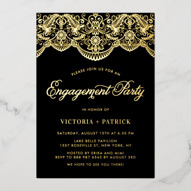 Elegant Brocade Lace Black Photo Engagement Party Foil Invitation (Front)