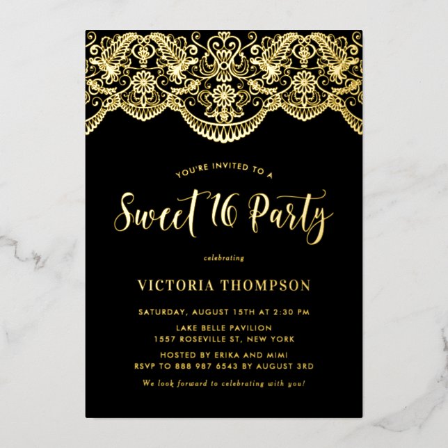 Elegant Brocade Lace Black Sweet 16 Party Foil Invitation (Front)