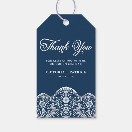 Elegant Brocade Lace Blue Wedding Thank You Gift Tags