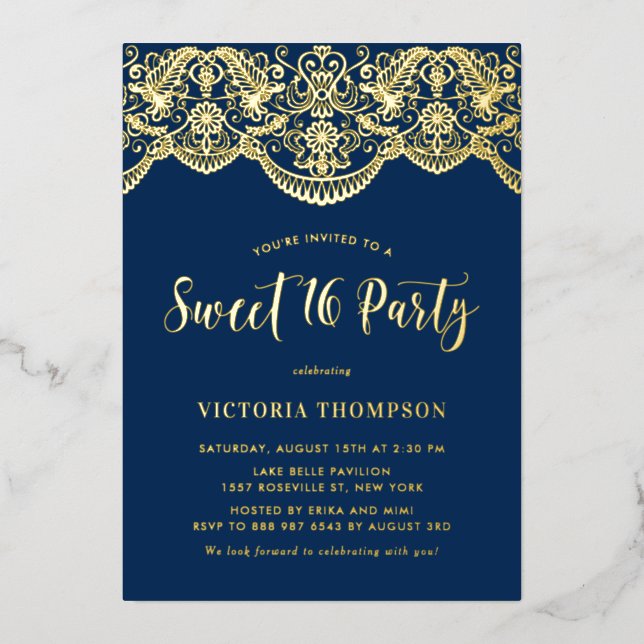 Elegant Brocade Lace Navy Blue Sweet 16 Party Foil Invitation (Front)