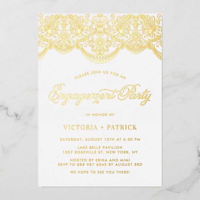 Elegant Brocade Lace Photo Engagement Party Foil Invitation (Front)