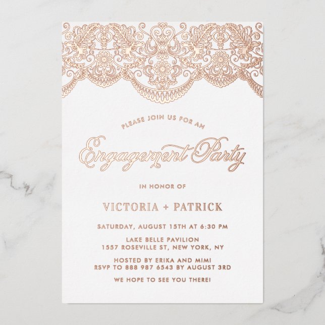 Elegant Brocade Lace Rose Gold Engagement Party Foil Invitation (Front)