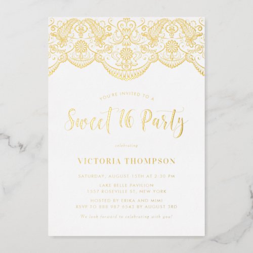 Elegant Brocade Lace Sweet 16 Party Foil Invitation