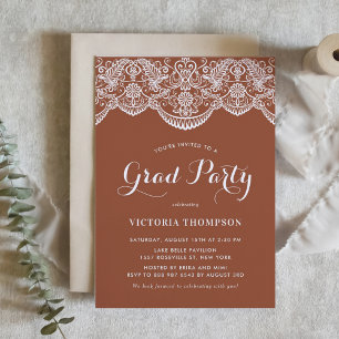 Elegant Brocade Lace Terracotta Graduation Party Invitation