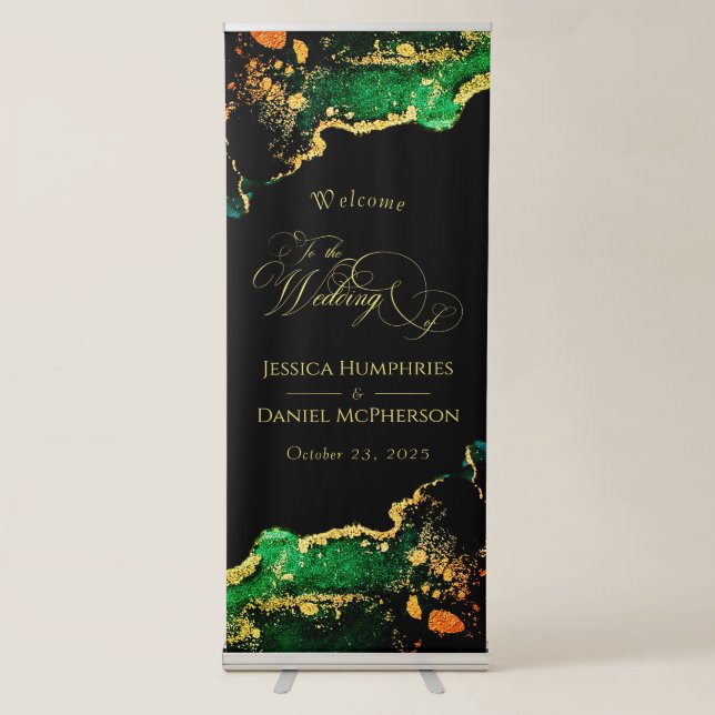 Elegant Bronze Black Green Gold Wedding Welcome Retractable Banner (Front)