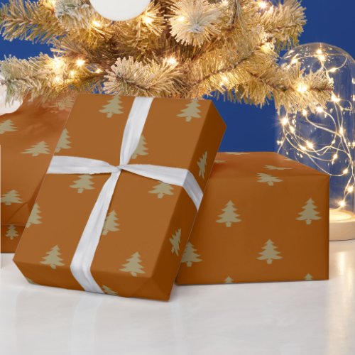 Elegant bronze brown gold Christmas trees pattern Wrapping Paper