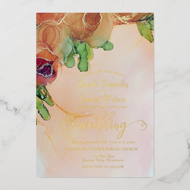 Elegant Bronze Floral Wedding Gold Foil Invitation (Front)