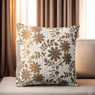 Elegant bronze flowers on hexagonal grid throw pillow