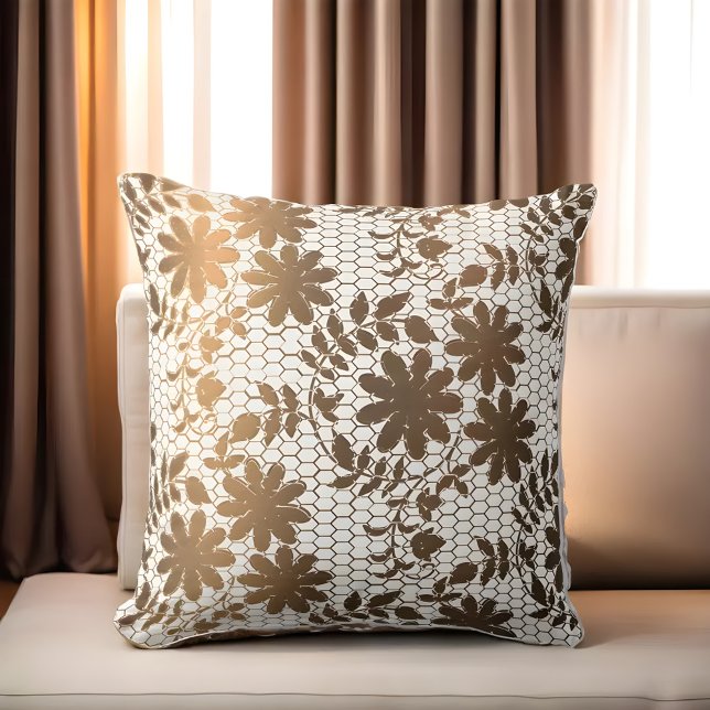 Elegant bronze flowers on hexagonal grid  throw pillow (Creator Uploaded)
