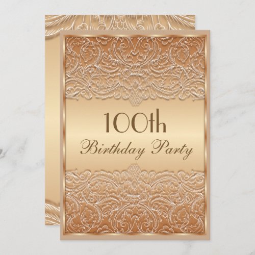 Elegant Bronze French Lace 100th Birthday Invitation