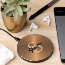 Elegant Bronze Gold Metallic Monogram Name Mens Wireless Charger