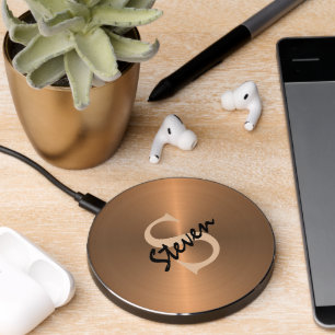 Elegant Bronze Gold Metallic Monogram Name Mens Wireless Charger