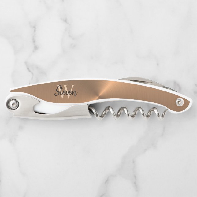 Elegant Bronze Metallic Monogram Name Waiter's Corkscrew (Front)