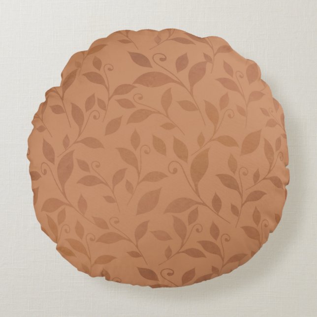 Elegant Brown Abstract Autumn Leaves Pattern Round Pillow (Front)