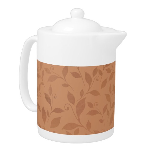 Elegant Brown Abstract Autumn Leaves Pattern Teapot (Left)