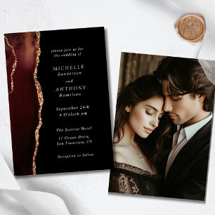 Elegant Brown Agate Gold Photo Wedding Invitation