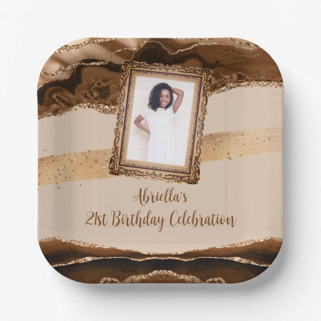 Elegant Brown Agate Photo Invitation Paper Plates (Front)