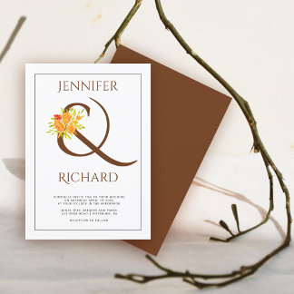 Elegant brown ampersand, orange roses fall wedding invitation