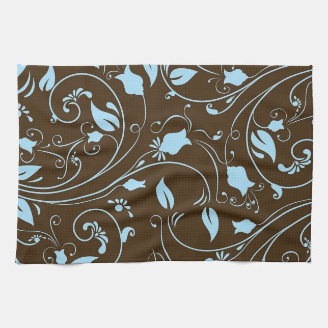 Elegant Brown and Baby Blue Floral Pattern Towel (Horizontal)