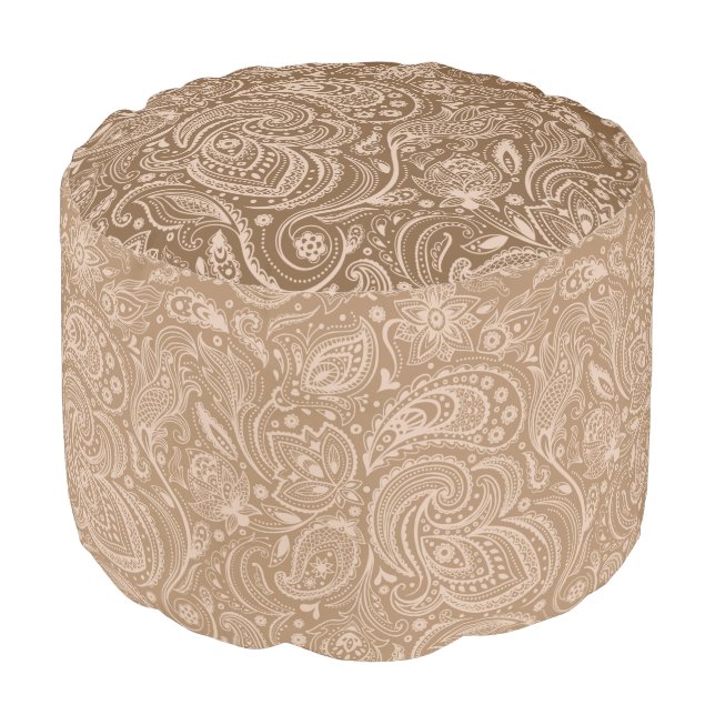 Elegant Brown & And Beige Floral Paisley Damasks Pouf (Angled Front)