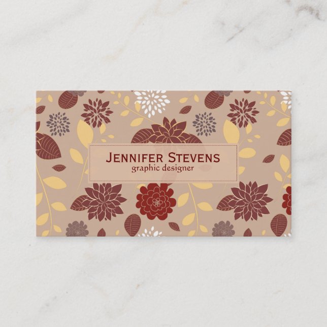 Elegant Brown And Beige Retro Flowers Business Card (Front)