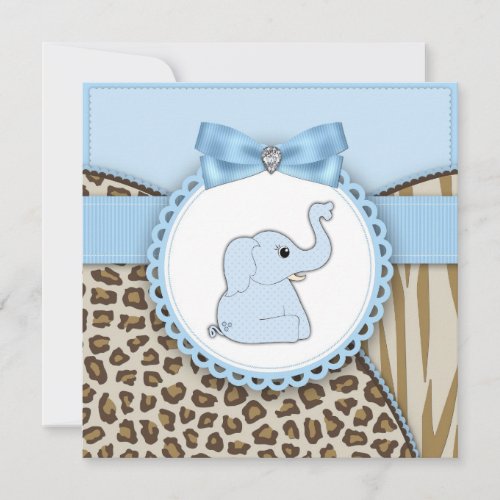 Elegant Brown Blue Elephant Baby Boy Shower Invitation