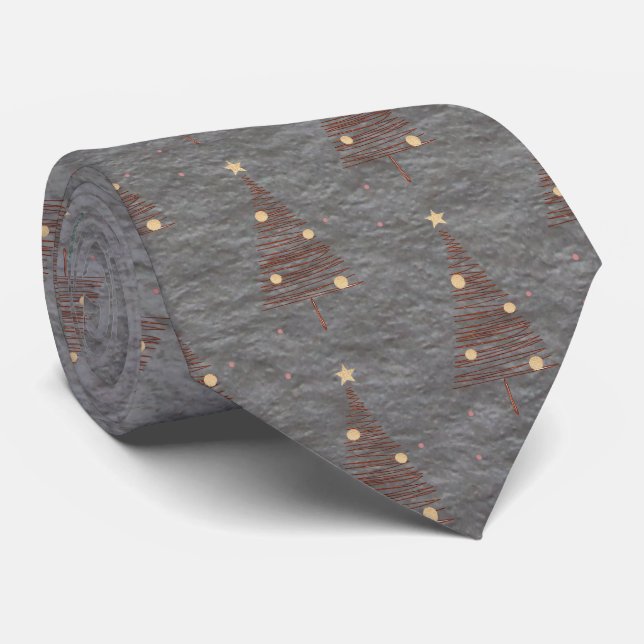 Elegant Brown and Green Christmas Trees Steel Gray Neck Tie (Rolled)