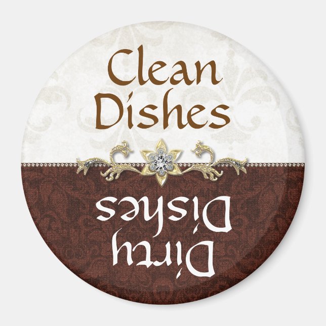 Elegant Brown and Ivory Damask Dishwasher Magnet (Front)