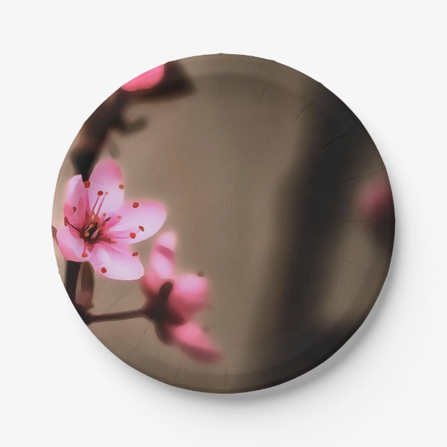 Elegant Brown and Pink Japanese Cherry Blossom Paper Plates (Front)