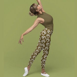 Elegant Brown and White Dog Paw Print Pattern Leggings