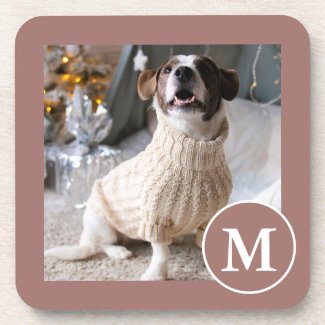 Elegant Brown and White Monogram Photo Beverage Coaster
