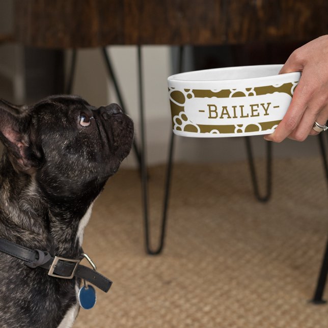 Elegant Brown and White Personalized Dog Paw Print Bowl (Elegant Dog paws brown customized pet bowl)