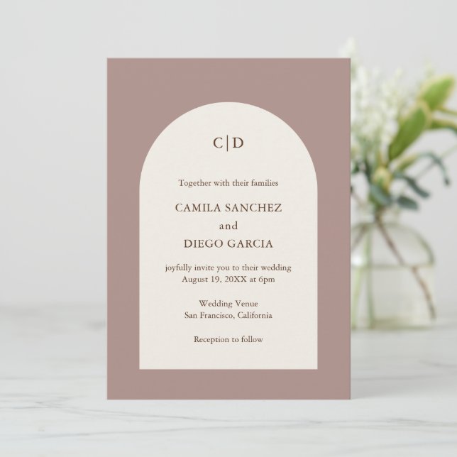 Elegant Brown Arch Modern Wedding Invitation (Standing Front)