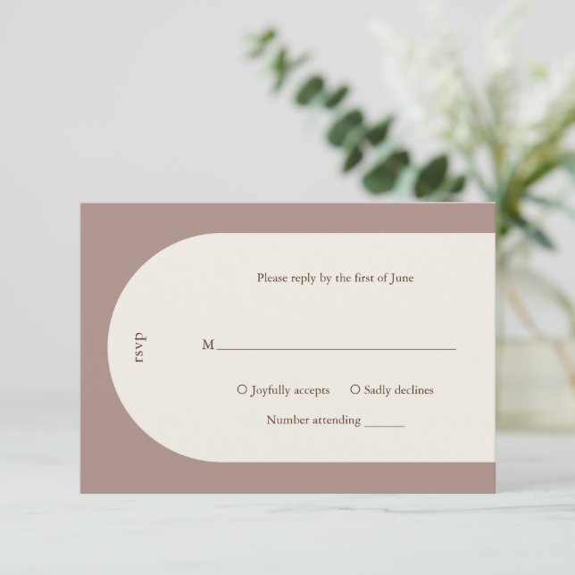 Elegant Brown Arch Modern Wedding RSVP Card (Standing Front)