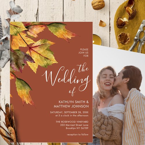 Elegant Brown Autumn Foliage Fall Wedding Photo Invitation