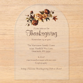 Elegant Brown Autumn Roses Floral Thanksgiving  Acrylic Invitations