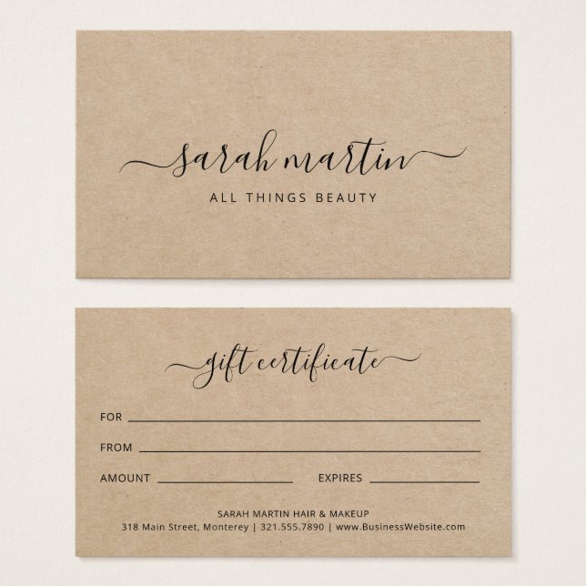 Elegant Brown Beauty Salon Gift Certificate (Front & Back)
