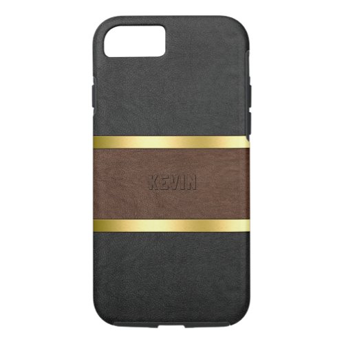 Elegant brown  Black Leather Gold Accents iPhone 87 Case