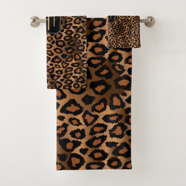 Elegant Brown & Black Leopard Pattern - Monogram Bath Towel Set (Insitu)