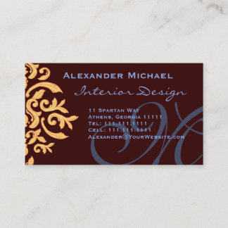 Elegant Brown Blue and Gold damask Name Cards
