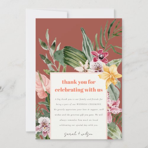 Elegant Brown Blush Boho Tropical Floral Wedding Thank You Card